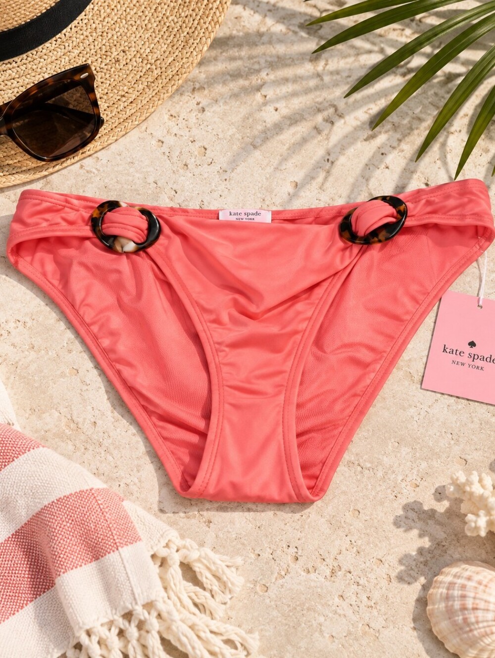 Kate Spade New York Tortoise Heart Buckle Coral Classic Bikini Bottoms sz xl
